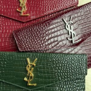 SAINT LAURENT Uptown Crocodile Embossed Leather Pouch